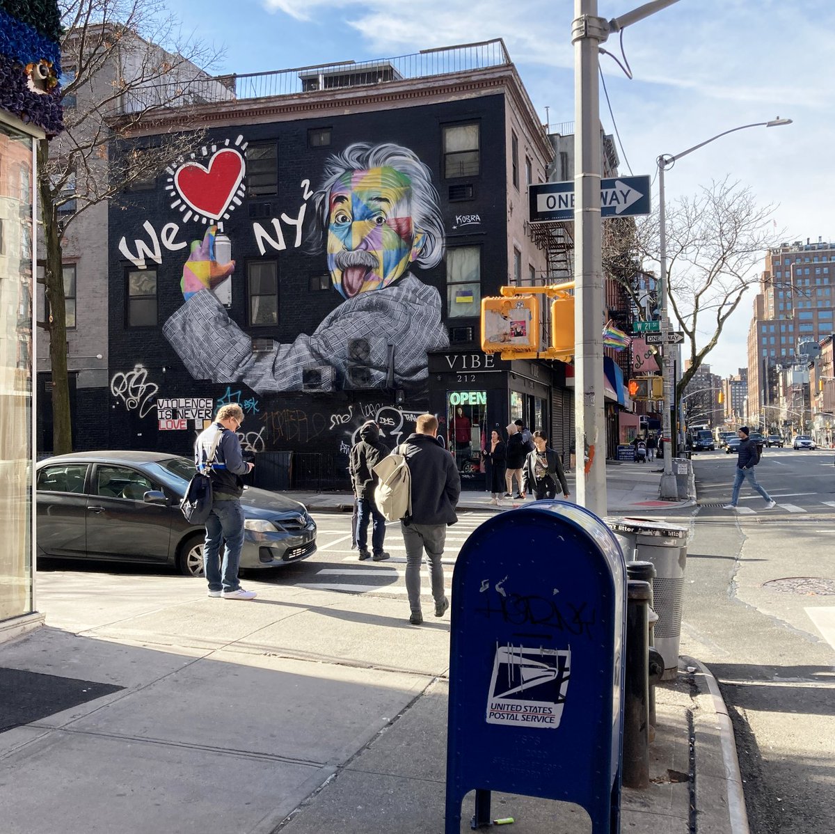 Albert Einstein and a blue USPS letterbox on the corner of 21st Street & 8th Avenue in Chelsea #NYC for #PostboxSaturday