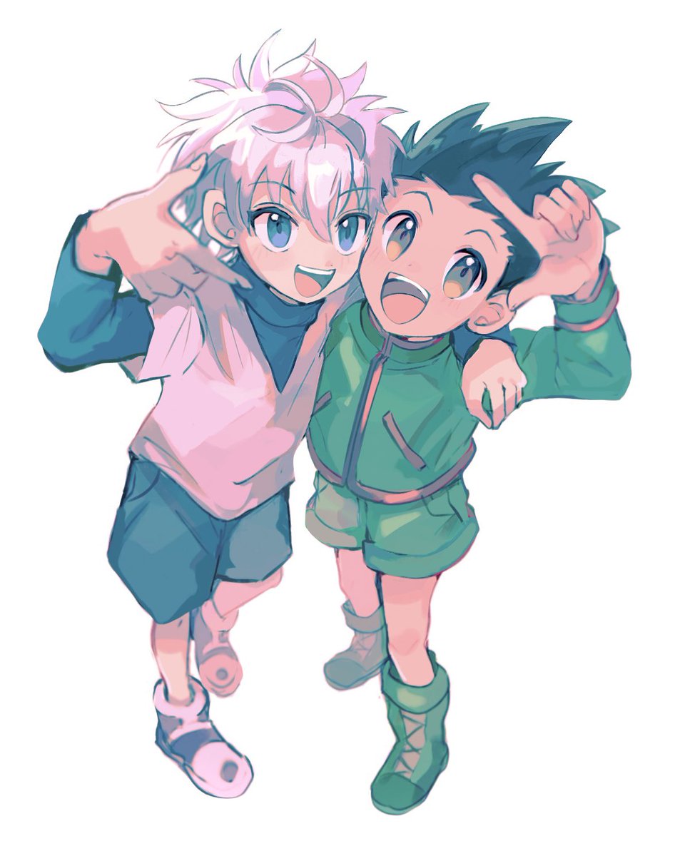 gon freecss ,killua zoldyck multiple boys 2boys male focus shorts open mouth smile blue eyes  illustration images