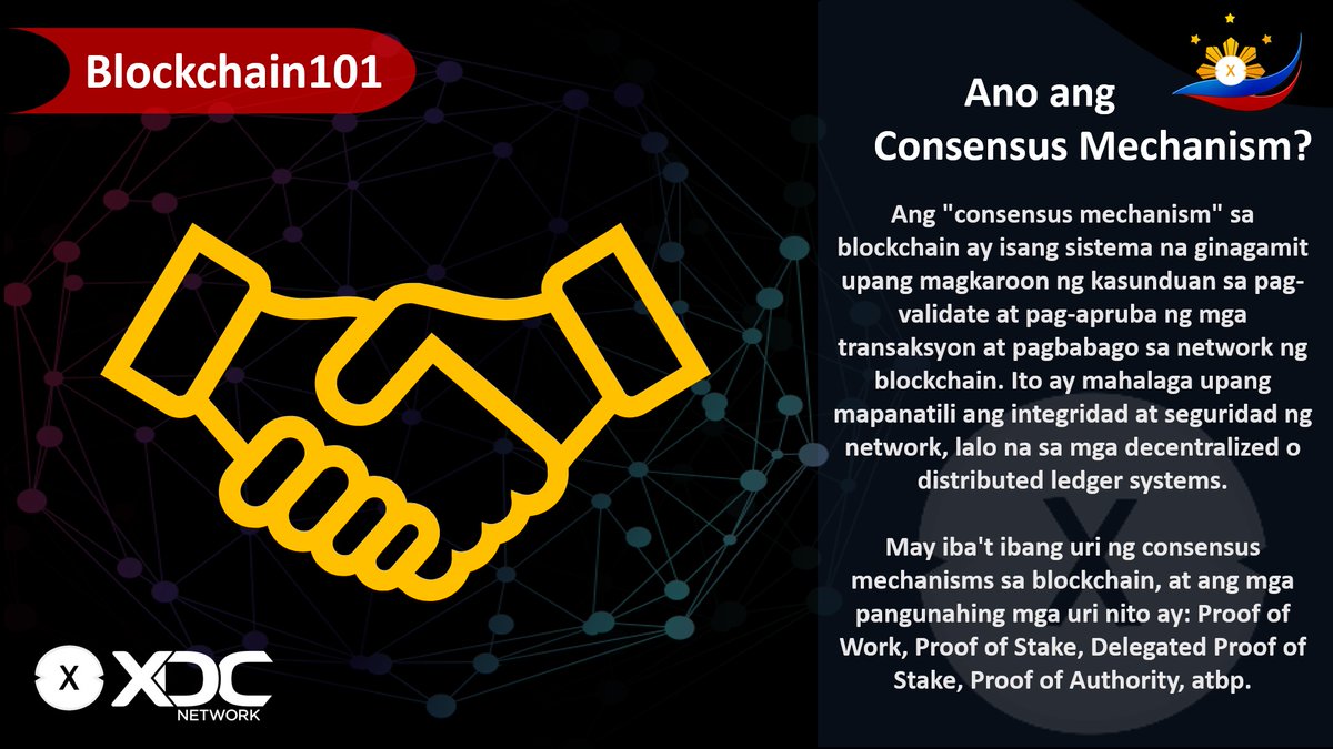 Consensus Mechanisms! They're the architects of trust, orchestrating agreement without central authority. Nagtatakda ng balanse, tiwala at kapanatagan ng sistema.

#XDC #XDCPhilippines #XDCNetwork #Blockchain101 #blockchain #DLT #ConsensusMechanism