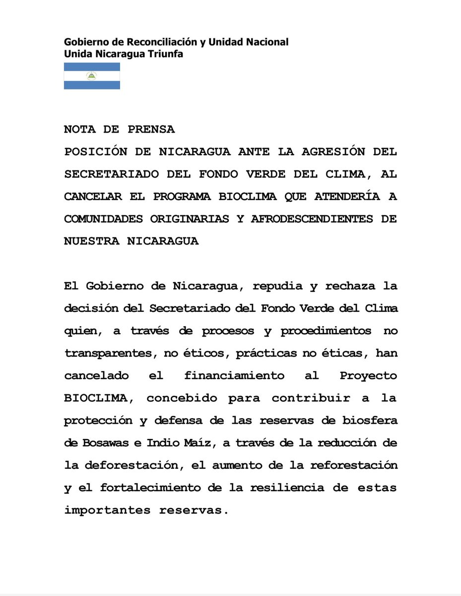 danilochang's tweet image. #NICARAGUA 
#NOTAPRENSA

Posición de Nicaragua ante la Agresion del Secretariado General del Fondo Verde del Clima al cancelar el programa Bioclima. 

#Bioclima
#FondoVerde 
#PueblosOriginarios 
#PueblosAfrodescendientes