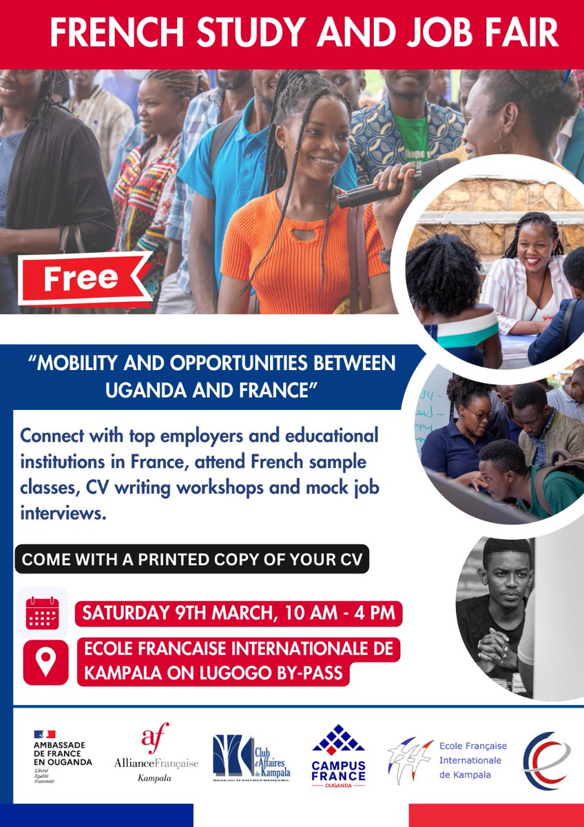 The day is finally here ! 
Join us today from 10:00 to 4:00pm at The French School @lfkampala on Lugogo bypass, for the long awaited Study and Job Fair 😀😀. Come meet French Universities and discuss directly with them about your Future studies in France. 🇫🇷 #RendezvousenFrance🇫🇷
