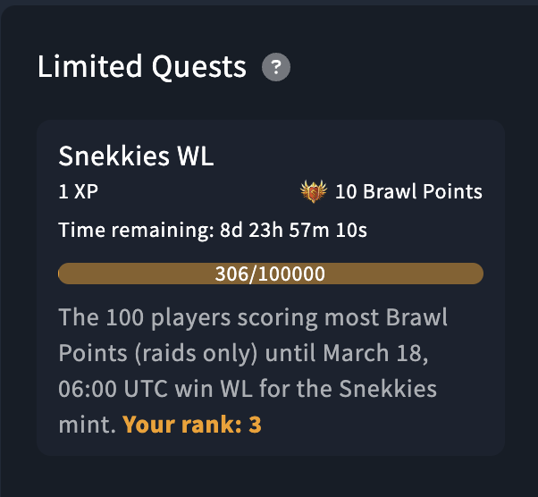 TristanUckie's tweet photo. Anyone fancy a @SnekkiesNFT WL?

🐍 1 Snekkies NFT = 1 $SNEK Miner 🐍

The top 100 players scoring most Brawl Points in the coming 9 days will get a WL. Time to put your adventurers to work!

Join the @TavernSquadNFT Discord for more info! https://t.co/bdcNOPdwim