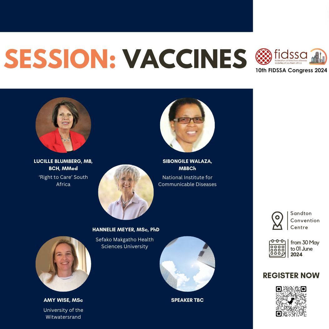 Excited to announce #FIDSSA2024 session on #vaccines with Lucille Blumberg, Sibongile Walaza, @HannelieMeyer, Amy Wise and others! 🎤 Topical tropical vaccines 🎤 Pertussis Vaccines 🎤 Rubella vaccination in SA benefits and risks 🎤 Vaccine hesitancy 🎤 Vaccines in pregnancy