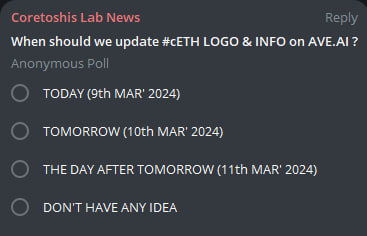 🔊Hey, #Coretoshis 🔸!

💥When should we update $cETH LOGO &amp; INFO on AVE.AI ⁉️

🎯Please drop your valuable VOTE here only for <a href="/CoretoshisETH/">Coretoshis Ethereum</a> 👇🏻

❇️ "t.me/CoretoshisChat…"

#CoretoshisLab #CTS #CoretoshisBTC #cBTC #CoretoshisETH #cETH #AVE #CORE #RoadTo100