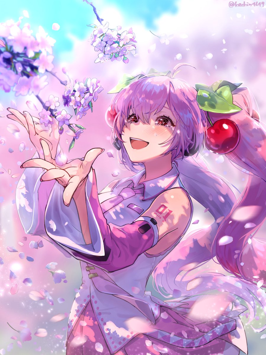 hatsune miku ,sakura miku 1girl skirt solo long hair shirt detached sleeves cherry blossoms  illustration images