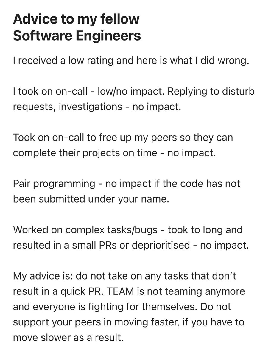 This is bad. The impact driven culture sometimes demotivates software engineers for picking up any new task or initiative. Source: Blind #softwareengineering