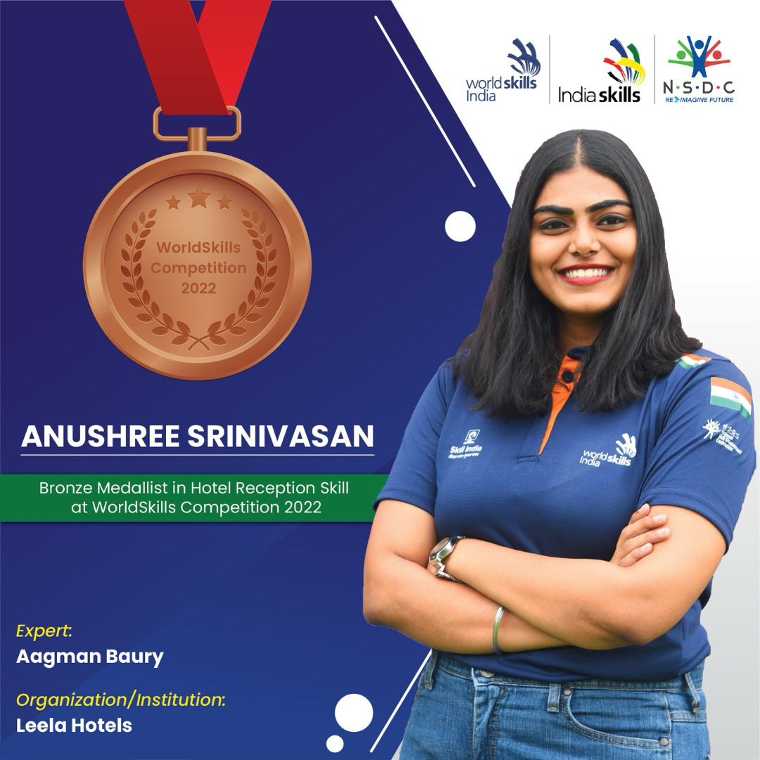 Meet Anushree Srinivasan, a beacon of hospitality excellence! With a Bachelor’s Degree from SRM IHM, Chennai.
Anushree's journey embodies dedication and mastery.

#TeamIndia #SkillsTransformLives #SkillsForTheFuture #IndiaSkills #Skillindia #NSDE #MSDE #ContestWinners #Traning