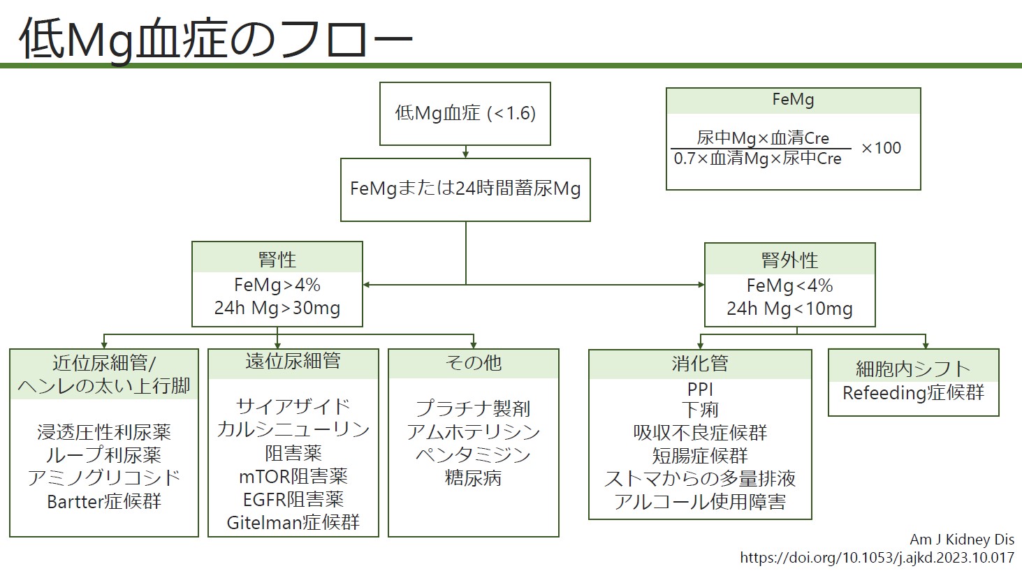 亀田 総合内科（亀田総合病院） on X: "【低Mg血症】 Am J Kidney Disという雑誌に定期的にcore  curriculumという腎臓内科の基本的なレクチャーがあります。 今回はマグネシウムの異常でした。  薬剤性としてはPPIが重要。FEMgが腎性か腎外性の鑑別に有用ですが、計算する ...