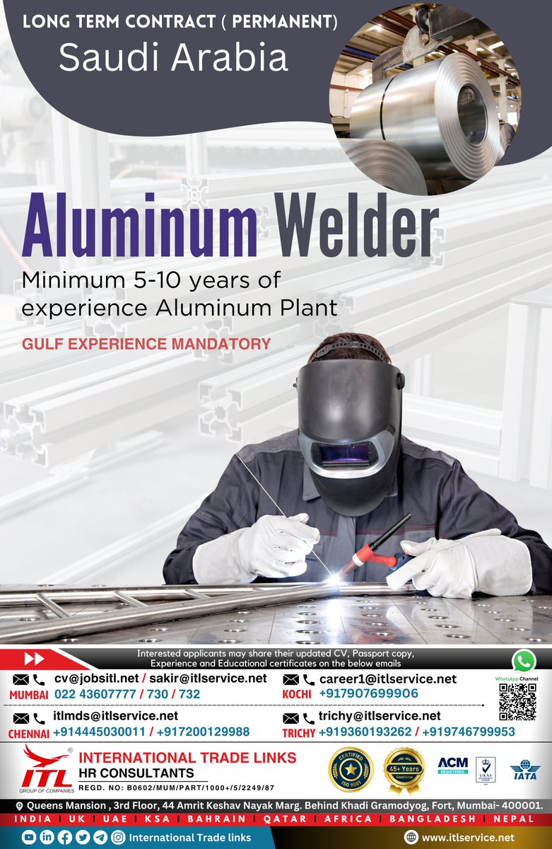 ItlJobs's tweet photo. JOB VACANCY FOR #saudiarabia
Interested candidates, please send your updated CV on given emails

WhatsApp Channel : https://t.co/30BqAXJwg5

ITL H.O Location : https://t.co/EUEGpvplAT

#aluminium #welder #aluminiumplant #saudijob #gulfjobs #jobs #gulf #uaejobs #dubaijobs https://t.co/Q84QJSJFFv