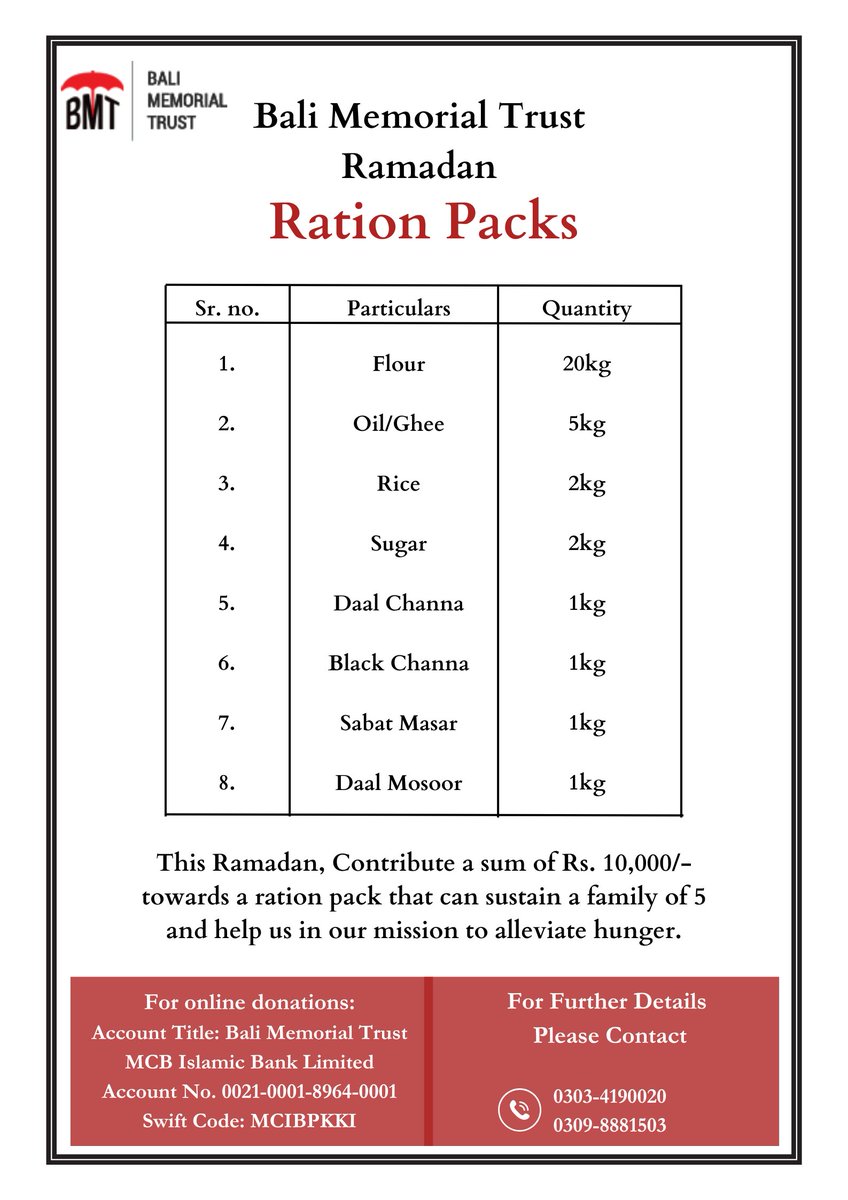 This Ramadan 🌙, Contribute a sum of Rs. 10,000/- towards a ration pack that can sustain a family of 5 and help us in our mission to alleviate hunger✨.

#BaliMemorialTrust
#enablingindividuals
#EmpoweringCommunities
#Ramadan2024
#RamadanRation