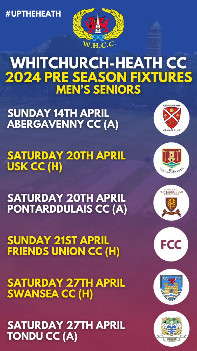 A busy pre-season ahead with 6️⃣ senior fixtures scheduled for April! Home fixtures vs @UskCC1857, @SwanseaCricket, & Friends Union CC. Away fixtures vs @AbergavennyCC, @PontarddulaisCC, & @Tondu_Cricket. Plenty of cricket for our members to get involved in! #UpTheHeath