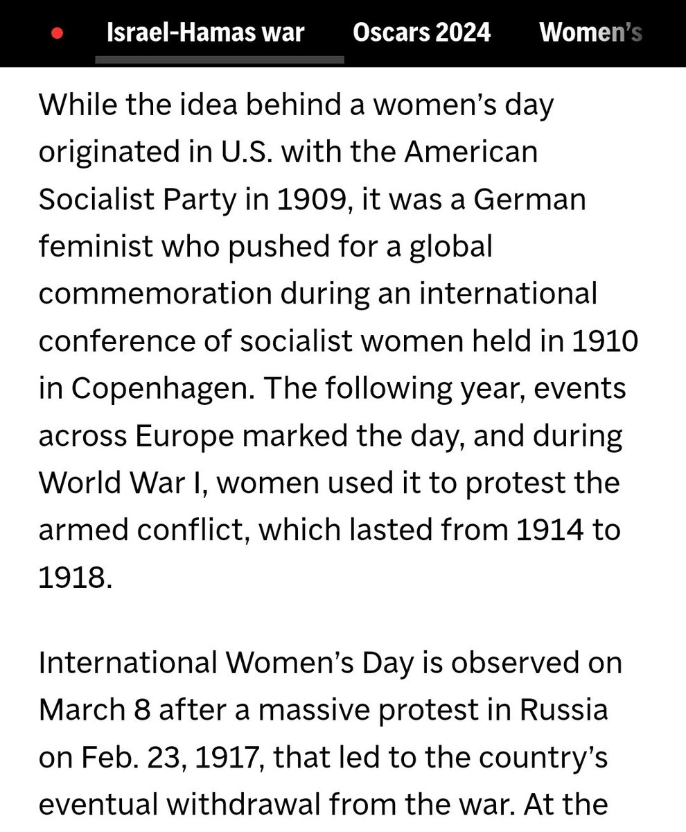 'Nogen' har vist glemt, hvordan Kvindernes Internationale Kampdag opstod; fra socialismen, ofc, eftersom kvindekamp er klassekamp. Desuden blev dagen også brugt på at få Rusland til at trække sig fra en krig. Ligesom nogle forsøgte at gøre i går. Der er intet odiøst i aktivisme.