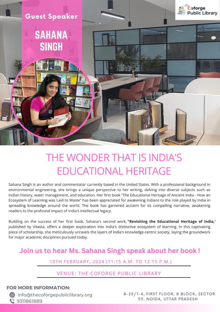 Vitastapublish's tweet photo. Explore India's #educational #history with #author Sahana Singh at Coforge Public Library, Noida, this Sunday, February 10th. Uncover untold stories that shaped our heritage, thanks to #READIndia for organizing this enlightening event. @singhsahana https://t.co/YLh0cnjrWd
