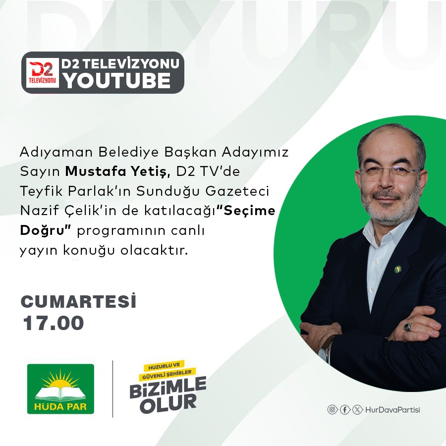 MustafaYetis_02's tweet photo. D2 TV'de Adıyaman'ımızı, sorunlarımızı ve projelerimizi konuşacağız. 
HÜDA PAR'ın Belediyecilikte hizmet anlayışını halkımıza anlatacağız.
https://t.co/NS0tkuWDMo
🗓Tarih: 09 Mart Cumartesi(Bugün)
⏰️Saat: 17:00
#BuSeferHÜDAPAR
#BizimleOlur
#cumartesi https://t.co/1np7uRWUsX