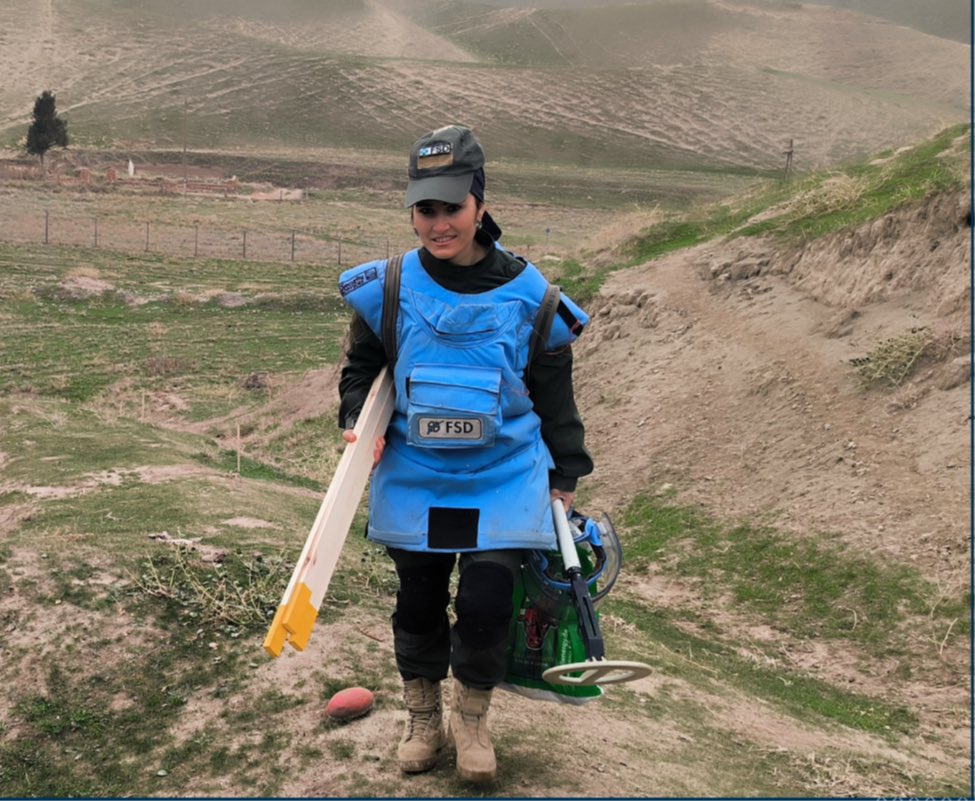 On #InternationalWomensDay2024, meet Iskandarova, a @fsd_ch deminer working to locate mines & explosive remnants of war along Tajikistan’s 🇹🇯southern border with Afghanistan. As a widow & mother of 3, she is her family’s sole financial provider. @StateDeptPM