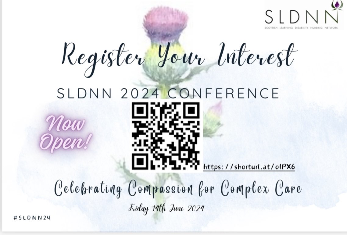 Calling all 🏴󠁧󠁢󠁳󠁣󠁴󠁿 LD Nurses and Student LD Nurses. The annual SLDNN Conference is taking place on 14th June at Glasgow Caledonian University, use the QR code or link to register your interest. Please share far and wide