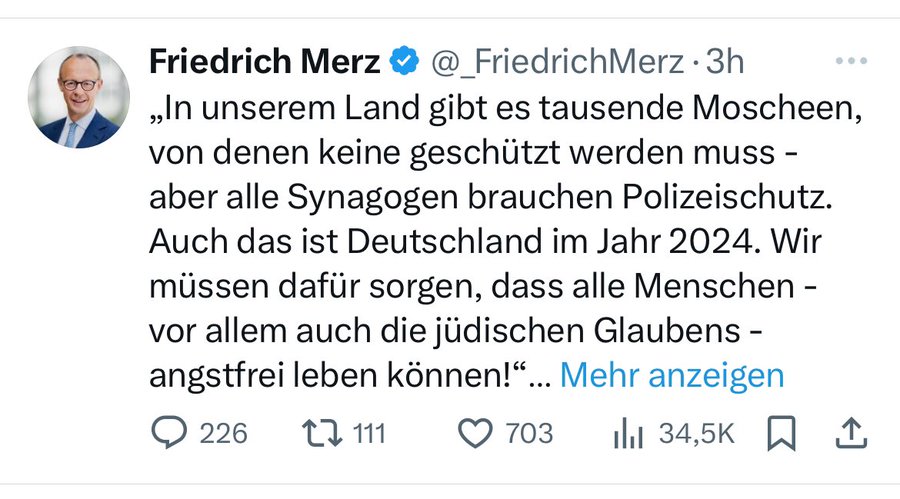 Der Brandstifter lässt die Brandstiftung nicht, oder wie soll man das sonst titulieren? Angesichts von NSU, Hanau ist etc das eine unglaubliche Entgleisung. Wenn die notwendige Solidarität mit Jüd*innen zur islamophoben Hetze missbraucht wird, schadet das auch ersterer😱