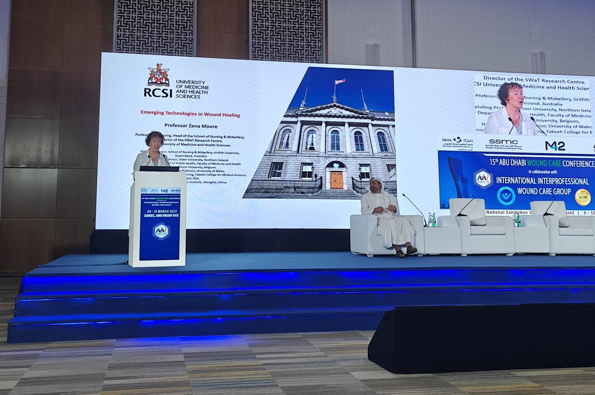 Professor @ZenaMoore5 15th Abu Dhabi #woundcare conference: Emerging technologies in #woundhealing 📢 Combining technological advancements with compassionate human interaction can offer a holistic, #patient-centred approach to wound care #RCSIDiscover @RCSI_SWaT @RCSI_Nursing