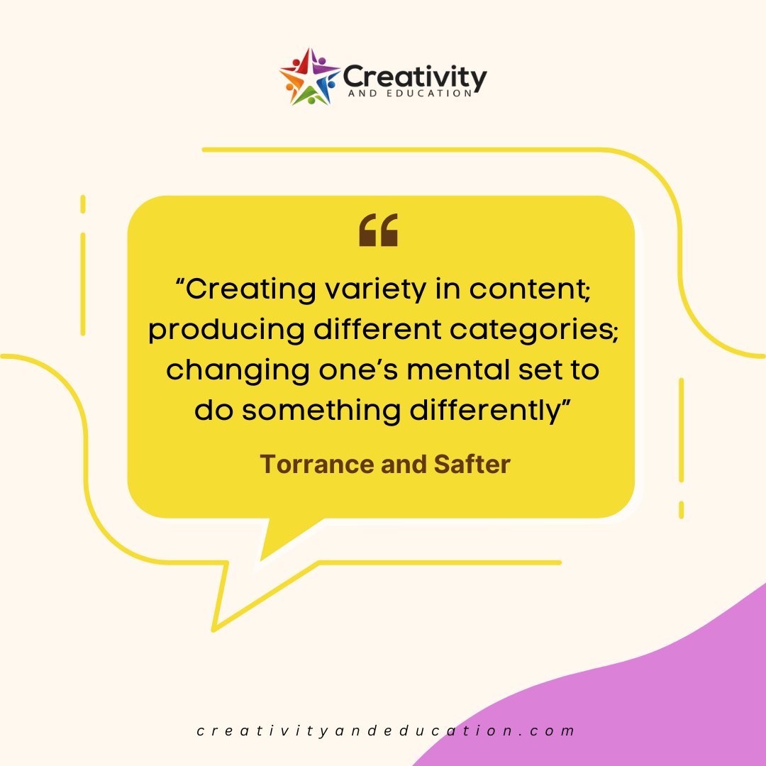 🌟 Creating variety in content; producing different categories; changing one’s mental set to do something differently” 🌟 - Torrance and Safter 🔗 creativityandeducation.com #CreativityandEducation #CreativeVariety #ContentInnovation #FreshPerspectives #OutoftheBoxThinking