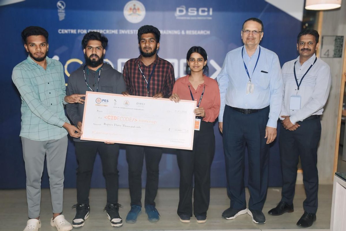 Delighted to share the outstanding news that our brilliant students secured the runner-up position in the recent CIDECODE  hackathon competition organised by CID Karnataka in collaboration with Infosys Foundation,  DSCI and CCITR.