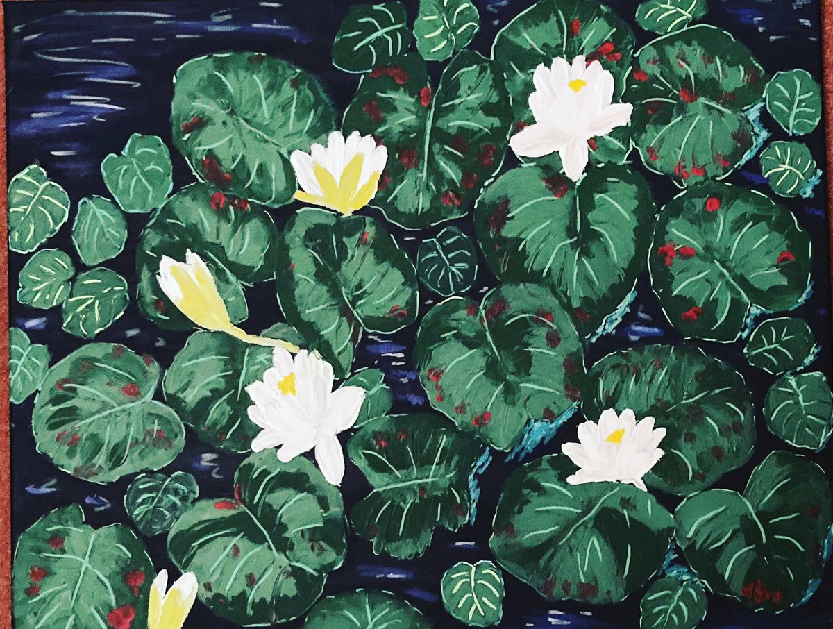 RuthBreen10's tweet photo. White #water #lilies against a dark watery background #acrylicpainting https://t.co/m4YOdKLvmJ