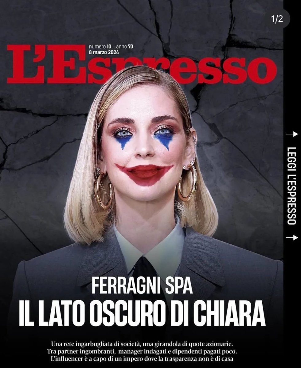 Iroshiz's tweet photo. È stata ad Harvard come caso studio 😆ha truffe all’attivo, vende aria fritta, pura e casta, bugiarda, la sua vita è promuovere apparenza con principi di cartone, per avere followers fake sul profilo: Risultato 🤡 
#ChiaraFerragni #lespresso https://t.co/GJDu4QyOEG