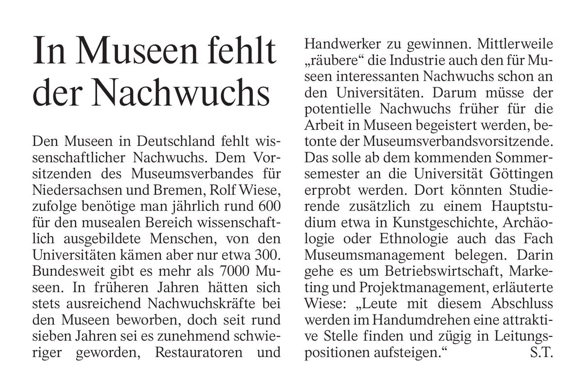 Steffen Siegel (@steffen_siegel) on Twitter photo Pro-Tipp: Den potenziellen Nachwuchs könnte man für die Arbeit in Museen vielleicht mit einem Volontariatsgehalt begeistern, das oberhalb des Existenzminimums liegt. (Der Median liegt derzeit bei 27.000 Euro Jahresbrutto.) Pro-Tipp: Den potenziellen Nachwuchs könnte man für die Arbeit in Museen vielleicht mit einem Volontariatsgehalt begeistern, das oberhalb des Existenzminimums liegt. (Der Median liegt derzeit bei 27.000 Euro Jahresbrutto.)