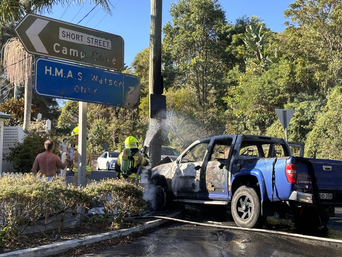 JM_discover's tweet photo. Chaos on the one way in and out of Camp Cove earlier. This city tractor burst into flames after failing to navigate the roundabout outside South Head Naval Base. https://t.co/V0bp7MP6Ef
