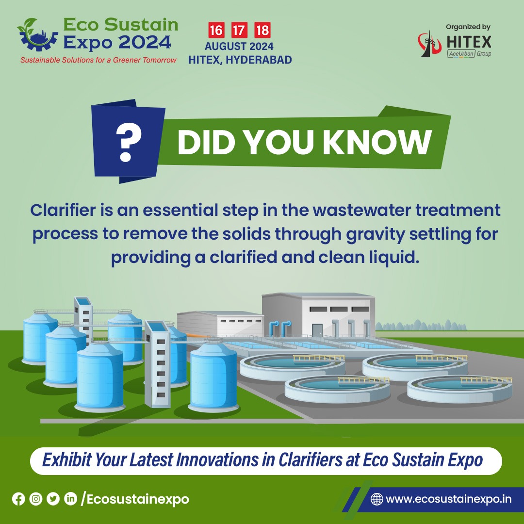 Did you know that a clarifier is an essential component in the wastewater treatment process, to provide a clean liquid.

#EcoSustainExpo #Innovation #EnvironmentalSolutions #EcoExhibition #FutureOfSustainability #EffluentTreatment #Clarifiers #WastewaterTreatment #Cleanwater