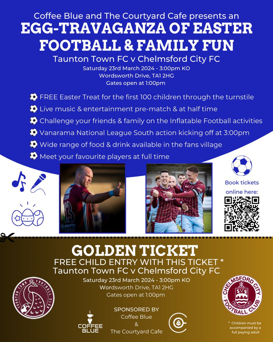 We are super excited to be presenting a fun family day at @TauntonTownFC on Saturday 23rd March. 

For more information, visit: tauntontown.com/featured-news/…

Event page: facebook.com/events/s/egg-t…

Tickets: app.fanbaseclub.com/Fan/Tickets/Se…