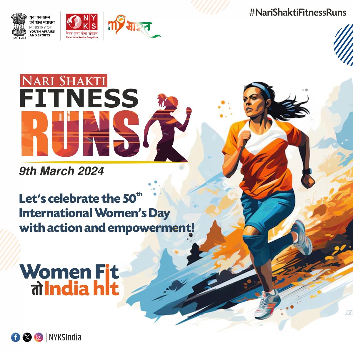 Nari Shakti Fitness Run – a celebration of strength and empowerment on the 50th International Women's Day! 🏃‍♀️💪 Let's make this day unforgettable with every stride! 🌟 #NariShaktiFitnessRuns #IWD2024 #EmpowerHer #WomenFitToIndiaHit #NYKS