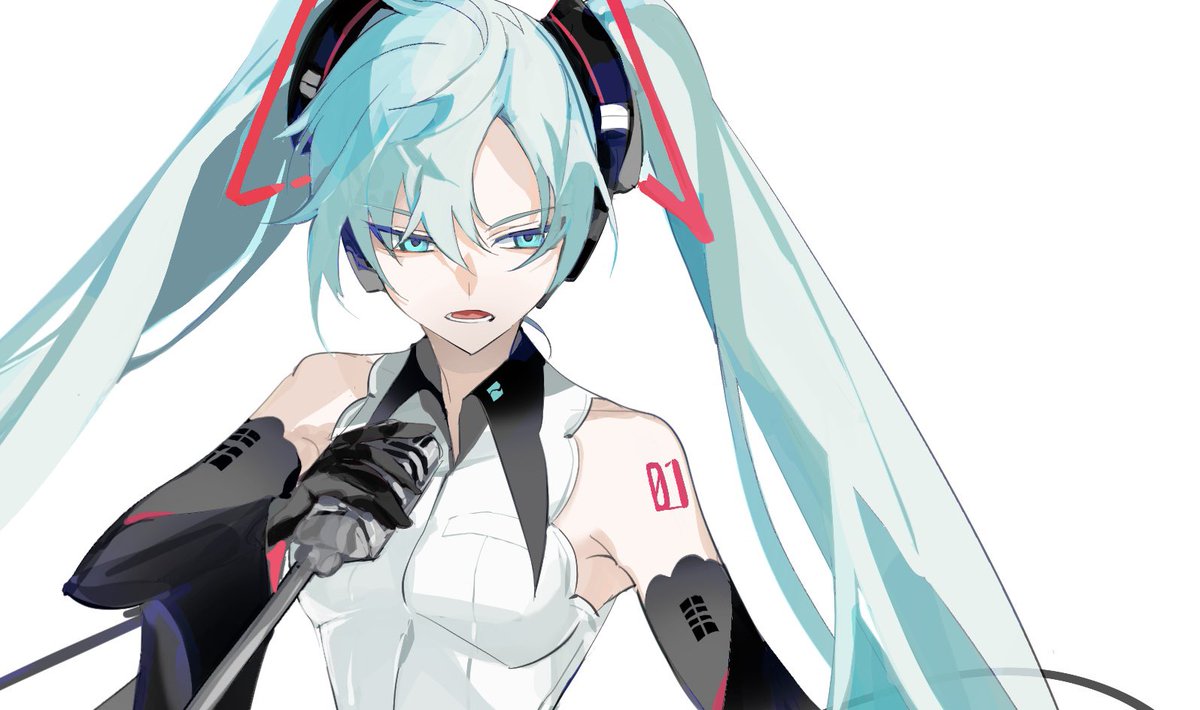 hatsune miku 1girl solo twintails microphone long hair upper body gloves  illustration images