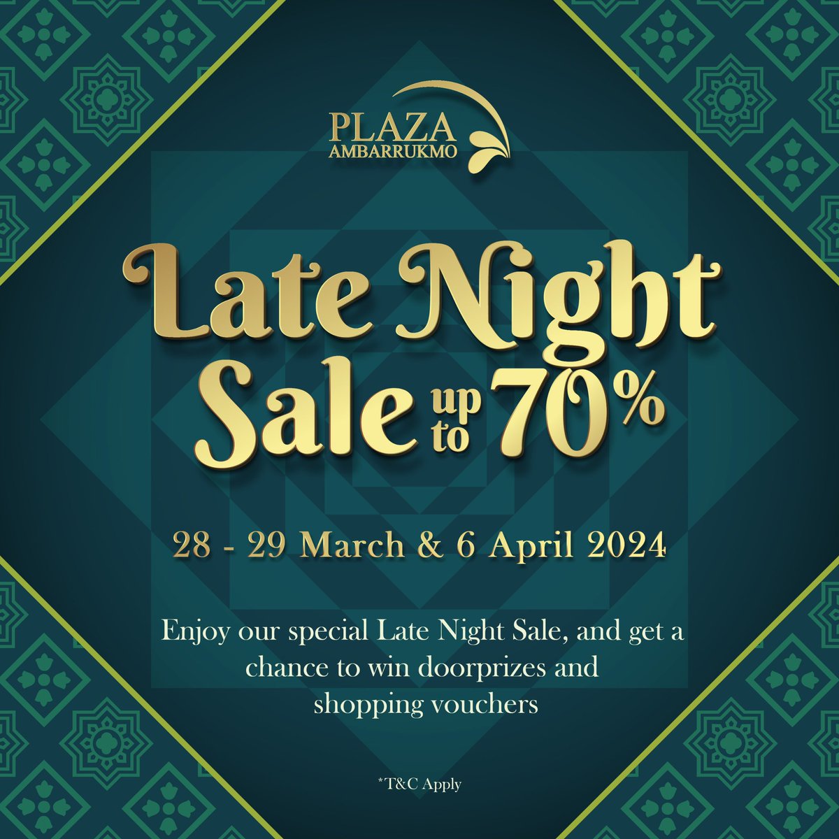 💥 Let’s Joint for 💥

✨Glorious Celebration “Everlasting Reflection”
LITE NIGHT SALE UP TO 70% ✨

Enjoy our special Late Night Sale , and get a chance to win doorprizes and and shopping voucher.
📌 28 - 29 Maret &amp; 6 April 2024

#gloriouscelebration #ramadhan2024 #eventamplaz