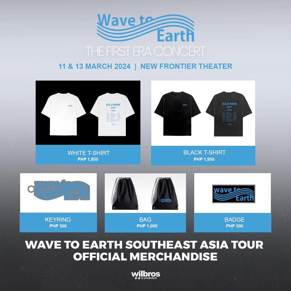 WilbrosLive's tweet photo. 𝐖𝐀𝐕𝐄 𝐓𝐎 𝐄𝐀𝐑𝐓𝐇
SE ASIA TOUR OFFICIAL MERCH

March 11 &amp; 13, 2024
New Frontier Theater - Main Lobby
Mode of Payment: Cash and GCash only

#WaveToEarth #TheFirstEraConcert
#웨이브투어스 #WilbrosLive https://t.co/kLH6zhpWLA