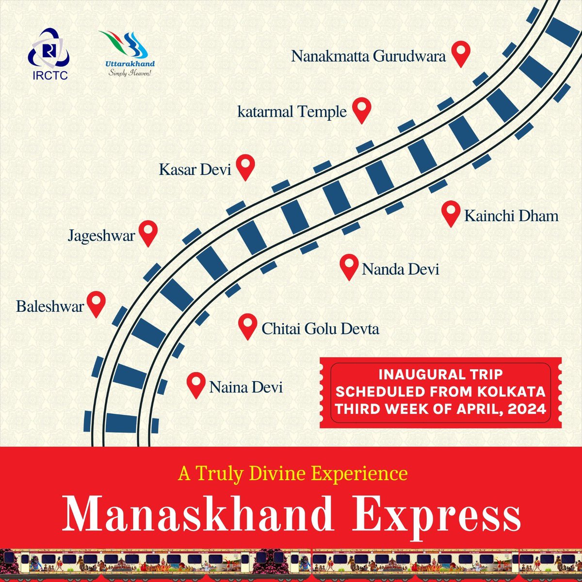 UTDBofficial's tweet image. Discover the hidden treasures of #Uttarakhand on the exclusive #ManaskhandExpress! Embark on an unforgettable journey starting from third week of April 2024 from #Kolkata. Secure your spot now at irctctourism.com/bharatgaurav Don&apos;t miss out on this epic adventure!

#Uttarakhand #IRCTC