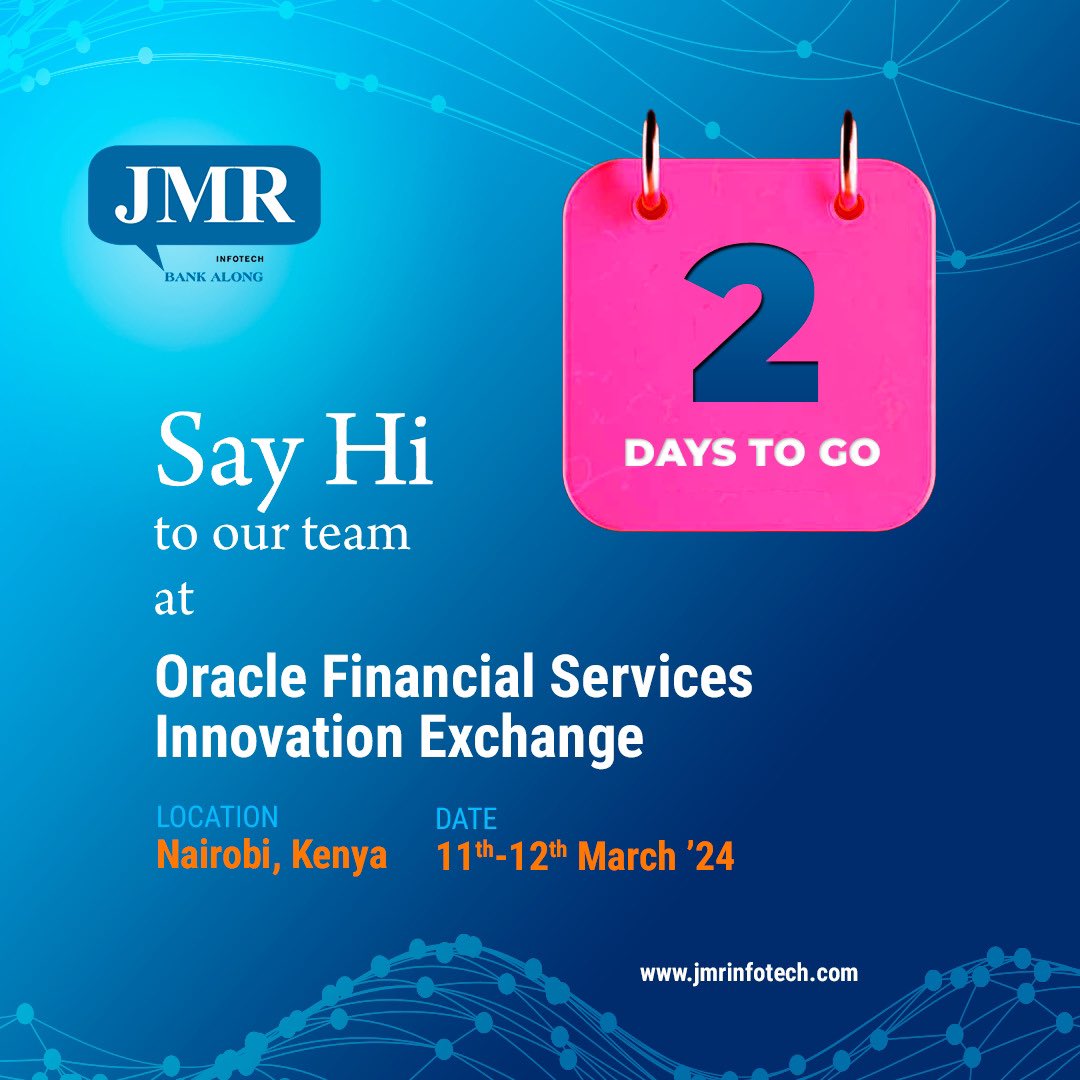 Two more days to go!
Meet our team at the Oracle Financial Services Innovation Exchange at Kenya organised by Oracle Financial Services ✨

#innovationexchange #oracleevent #jmrinfotech