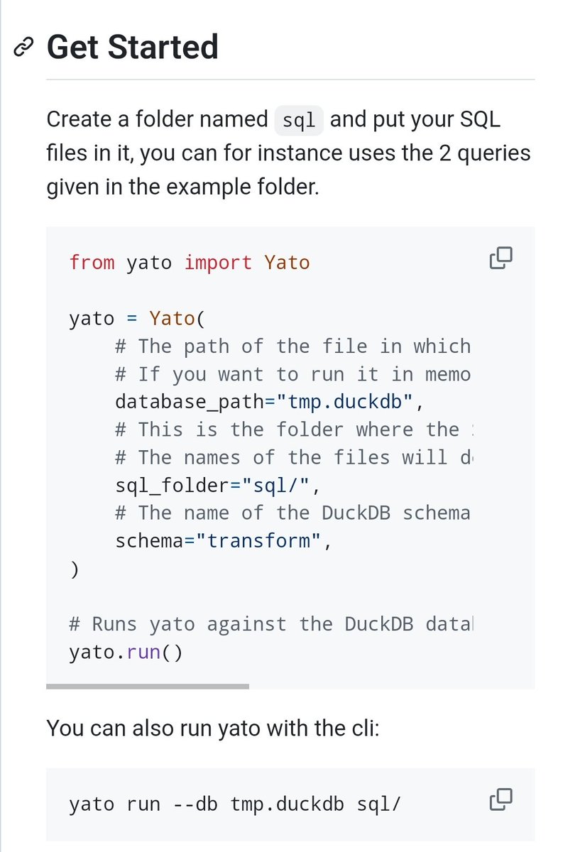 The smallest DuckDB SQL orchestrator on Earth. yato is the smallest orchestrator on Earth to orchestrate SQL data transformations on top of DuckDB. You just give a folder with SQL queries and it guesses the DAG and runs the queries in the right order. github.com/Bl3f/yato