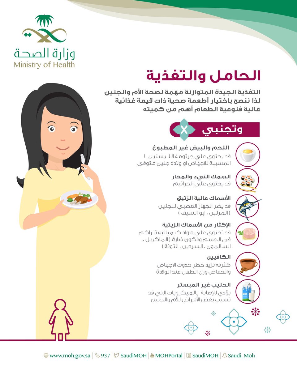 Dr_mahaalnemer's tweet photo. تغذيه الحامل في رمضان 

ننصح بالاهتمام بغذاء الحامل في شهر رمضان للأسباب التالية :

🔺في كل ثلث من الحمل هناك مشاكل قد يكون حلها بسبط بتعديل للغذاء

🔺تجنب الجفاف
 
🔺تجنب السمنه وزياده الوزن

🔺تجنب عدم التحكم في السكري 

هذا الثريد عن غذاء الحامل نفع الله به

الاشهر الأولى1️⃣

فيها يكثر الغثيان والجفاف والدوخة والارهاق والإمساك
✅ ننصح:

🔺بالافطار اذا جفاف واستفراغ حتى يذهب الجفاف

🔺الاكل:
-المهم هو السوائل والشوربات ،الالياف والفواكه

-ابتعدي عن المقالي والحوامض

-أكل ٦-٨ وجبات قليله 

-أخذ أدويه الغثيان بانتظام

الأشهر ٤-2️⃣٦ 
🔹أفضل الاشهر عموماً وأقلها أعراض
-يمكن للحامل الصوم 
-تبدأ تشعر الحامل بحركة الجنين
-المشي او الرياضه بعد التراويح

 🔸الإفطار على تمر ومويه ولبن وشوربه 

🔸الإكثار من البروتينات والتقليل من النشويات والفطائر  والمقالي والحلويات
والعصائر المصنعة

🔸أدخال السلطات وأكل الفاكهة الكاملة لمنع الإمساك

🔸الإكثار من شرب السوائل 

✅ ننصح بالاكل الصحي لتقليل مشاكل الحموضة، الإمساك، زياده الوزن

الأشهر الأخيرة 4️⃣

🔺وفيها يزداد وزن الحامل 

🔺ويبدأ الشعور بالثقل في الحوض 

🔺يزيد الشعور بالإرتجاع في المريء والحموضة 

🔺تلاحظ الحامل إرتباط حركة الجنين بالأكل (يزيد نشاط الجنين بالأكل وبعد الإفطار)

يمكن الصوم إن رغبت واستطاعت 
والأكل يكون بالتدريج

🔹الإفطار خفيف مثل تمر ومويه وشوربات
🔹التقليل من المعجنات والمقالي والحلويات

🔹أكل وجبات خفيفة متعددة

🔹البروتينات(دجاج مشويي،بيض،لحوم،زبادي،أجبان)

🔹الإكثار  السوائل والسلطات (تعطي شعور بالشبع وتقلل الإمساك)

🔹عشاء ثم سحور خفيف

غذاء الحامل5️⃣

الخلاصة
🔺ننصح بالتدريج في تناول الطعام
وجبات قليله ومتعددة
🔺الإكثار من البروتين(اللحوم ، الاسماك، البيض، الاجبان ، الزبادي، الحليب والالبان)
🔺الاكثار من الخضار والسلطات المفيدة والفواكه
🔺شرب السوائل
🔺الحصول على قسط وافر من النوم الراحة

❌التقليل من :
-الموالح و المخللات والبهارات لمنع الحموضه 
الحلويات 
-المشروبات المصنعة وعاليه السكر 

مرفق صور من نصائح وزراة الصحة (أرجعو للموقع)