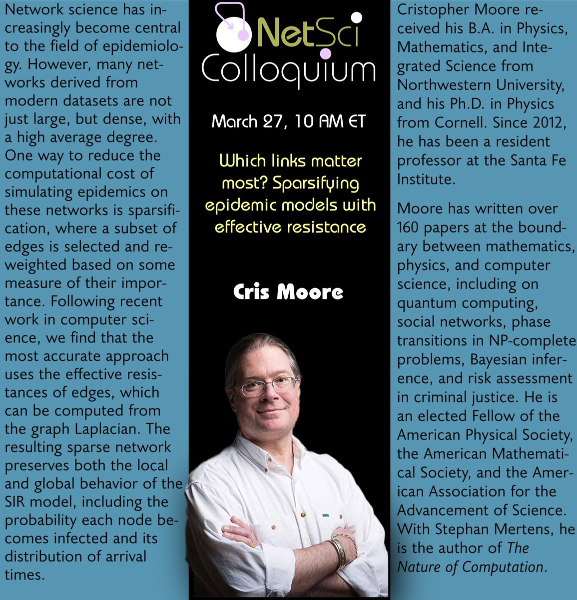 Next on the colloquium stage, the legendary Cris Moore! Cancel your meetings for March 27 and sign up at iu.zoom.us/webinar/regist…
