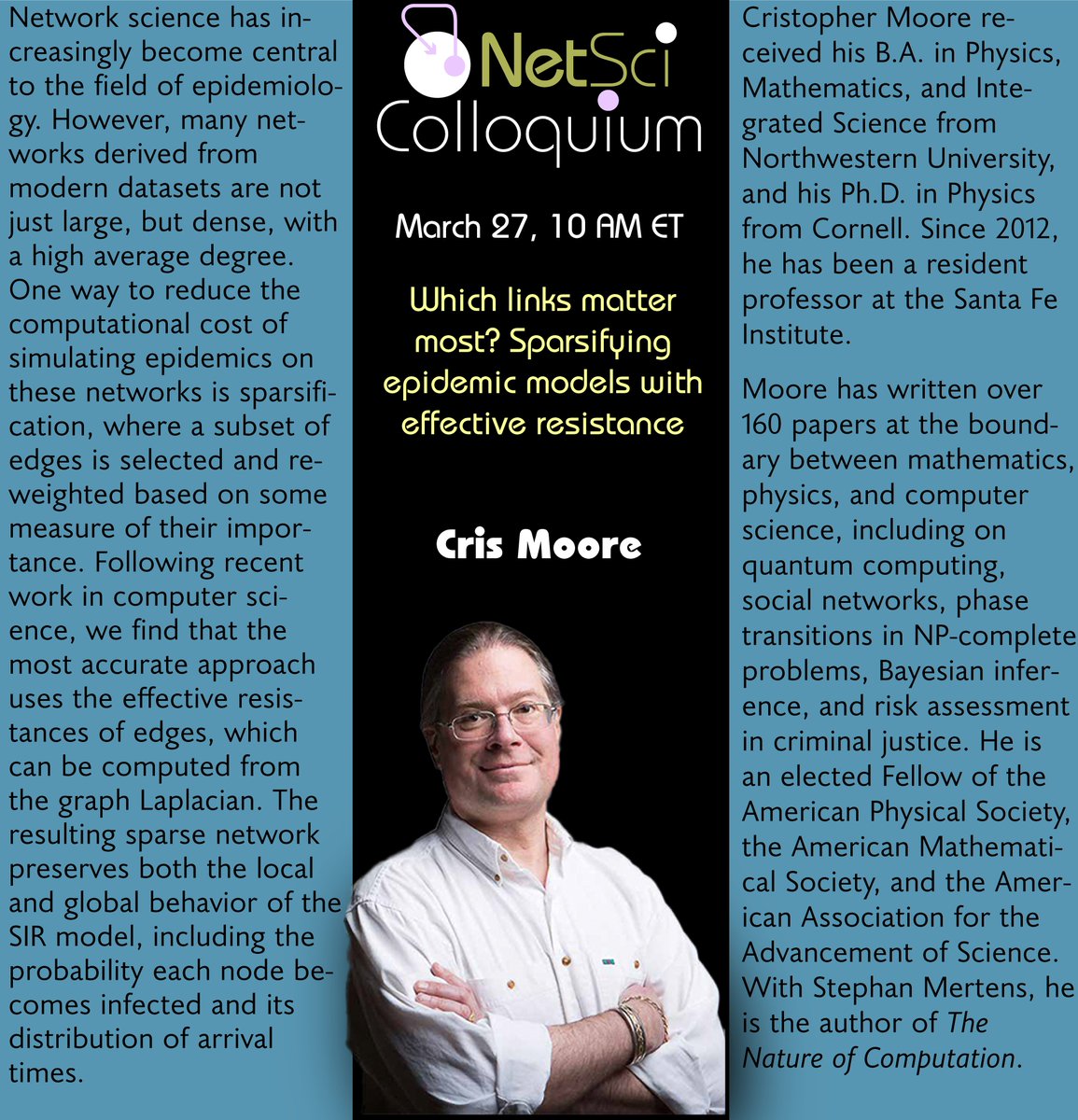 Next on the colloquium stage, the legendary Cris Moore!   Cancel your meetings for March 27 and sign up at iu.zoom.us/webinar/regist…