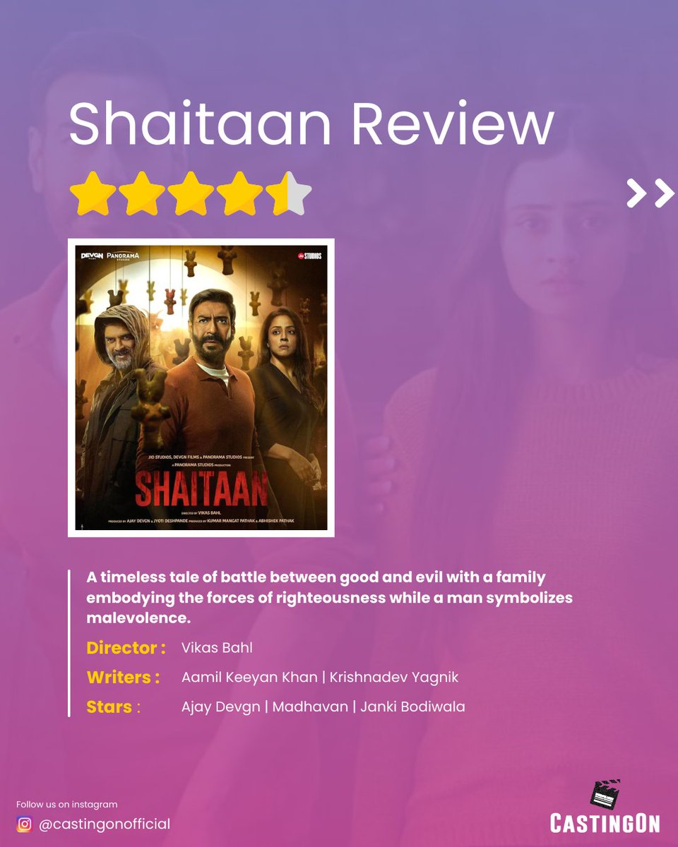 CastingOnX's tweet image. #Shaitaan is a 2024 Indian Hindi-language supernatural horror thriller film directed by #VikasBahl and produced by #DevgnFilms, Jio Studios, and Panorama Studios. It is a remake of the 2023 Gujarati horror film Vash. 

#ShaitaanReview #AjayDevgn #RMadhavan