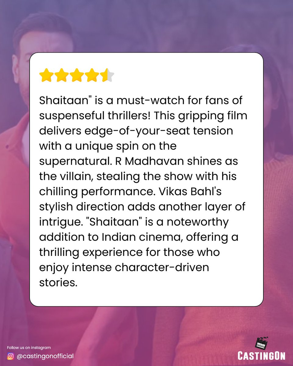 CastingOnX's tweet image. #Shaitaan is a 2024 Indian Hindi-language supernatural horror thriller film directed by #VikasBahl and produced by #DevgnFilms, Jio Studios, and Panorama Studios. It is a remake of the 2023 Gujarati horror film Vash. 

#ShaitaanReview #AjayDevgn #RMadhavan