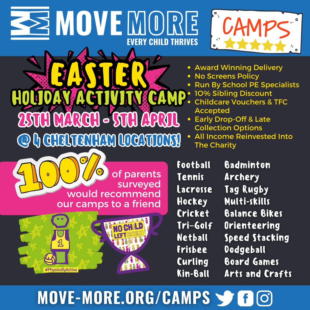 Only 2 weeks to go!! 🤨 We are looking forward to #EasterCamp at our 4 #Cheltenham locations and also our brand new camp launching at Chosen Hill School in #Churchdown #Gloucester 🥌🎳🥎🏀🎾⛳📣🧩🖌️ Book NOW move-more.org/camps/