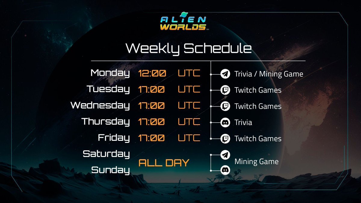 Happy Weekend, Explorers!🚀
Don't miss out on our weekly event lineup! From thrilling competitions to engaging social gatherings, there's something for everyone in the #AlienWorldsMetaverse. Plus, you could score some #AlienWorlds #NFT's!✨

Join us for the fun & camaraderie!🌌👾