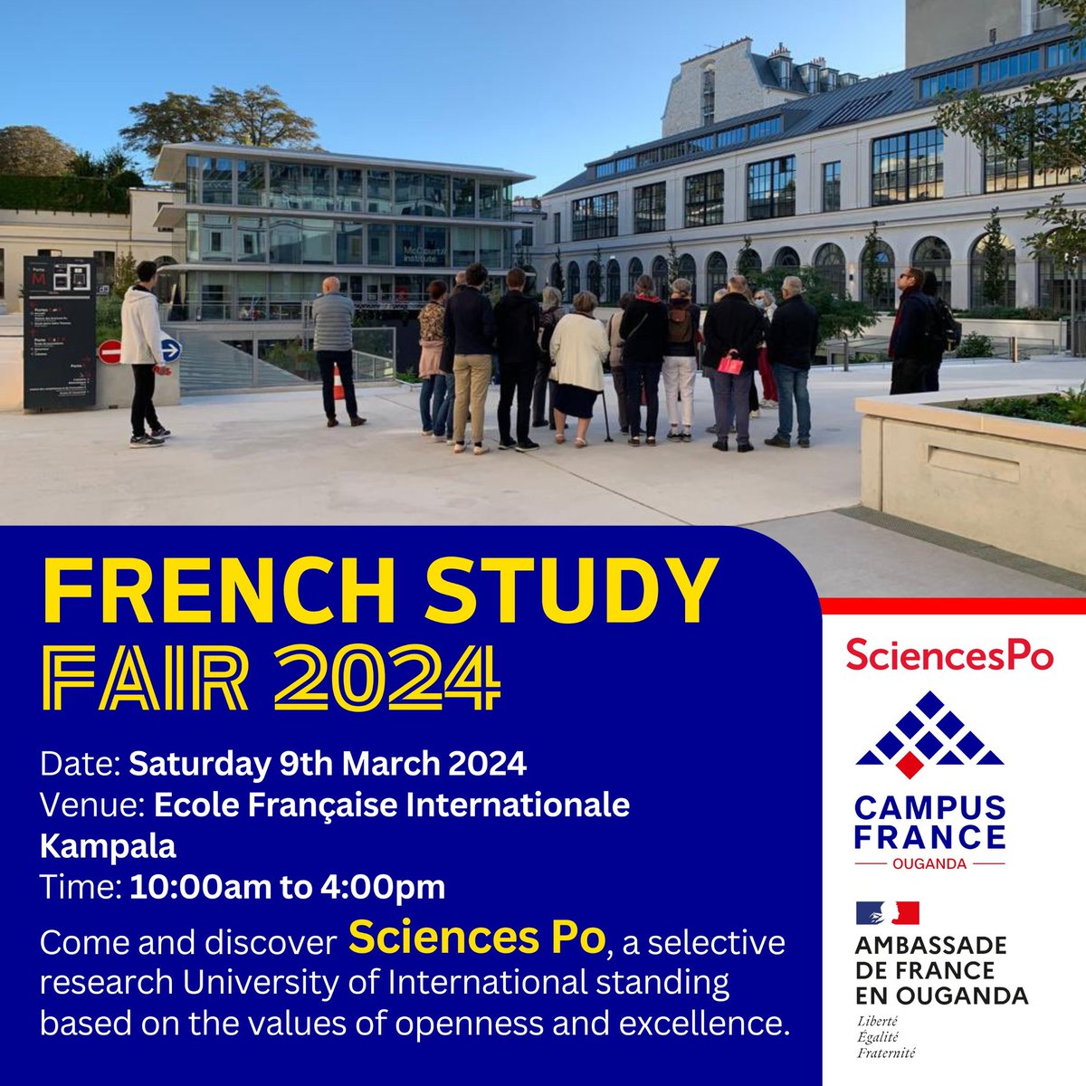 Are you interested in #PoliticalSciences ? The prestigious @sciencespo is on ground ! Pass by @lfkampala up to 4:00pm and get to speak to a represententive. Your dream to study in France is closer than you think ! #RendezvousenFrance 🇫🇷