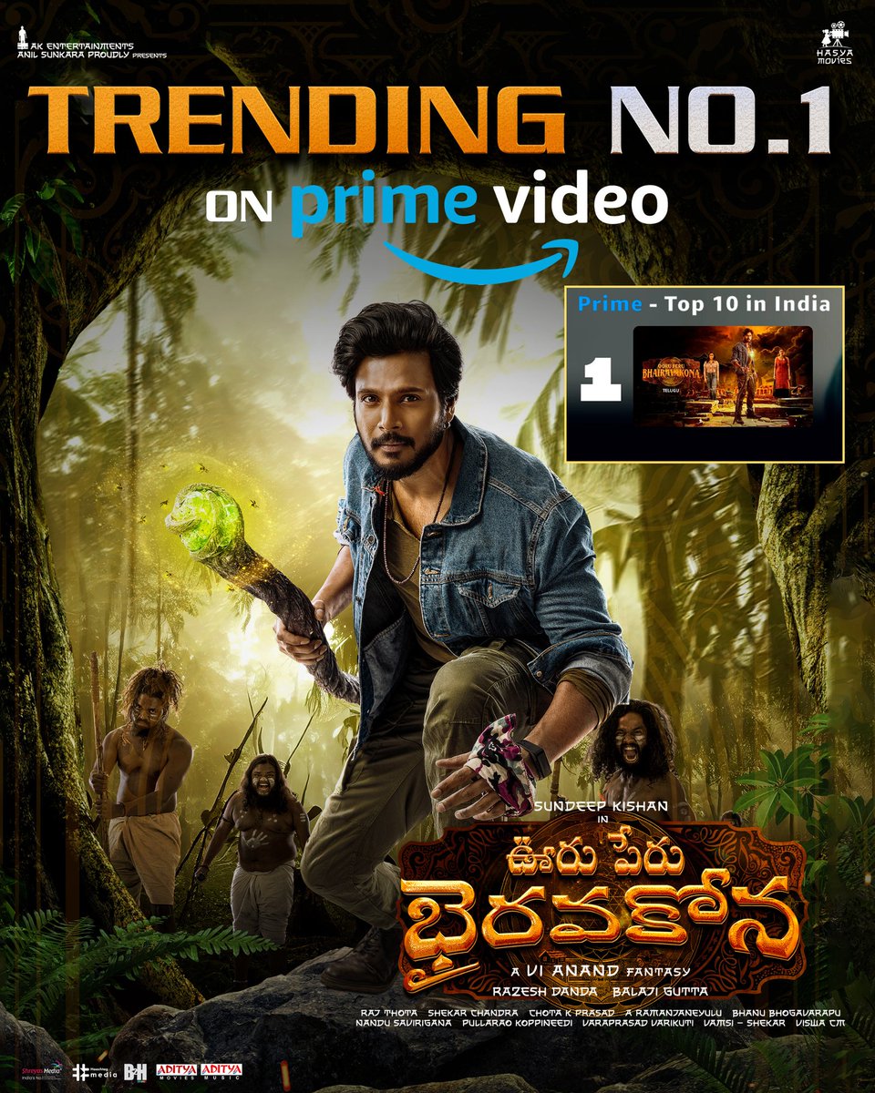 The magic has now reached every home in the country 💫 Magical Entertainer #OoruPeruBhairavakona is entertaining every household and Trending #1 in India on @PrimeVideoIN ❤️‍🔥 - bit.ly/BhairavakonaOn… @sundeepkishan’s much-anticipated, A @Dir_Vi_Anand Fantasy @VarshaBollamma…