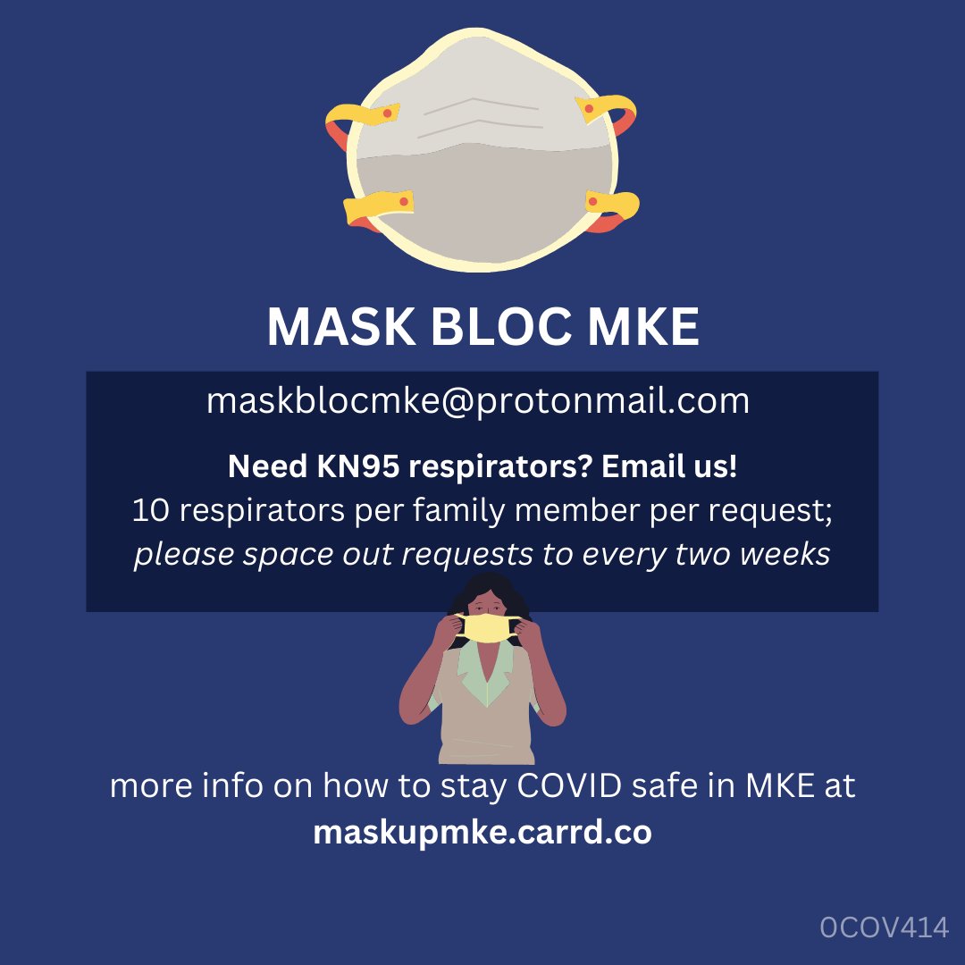maskblocmke's tweet photo. we're mask bloc mke -- a small org distributing free K/N95 respirators for folks still trying to avoid COVID-19! 

we post local COVID updates every friday &amp; compile info at https://t.co/JIsCphX5UC. feel free to reach out to us with any questions about local COVID resources💛💙 https://t.co/B69honaqZr