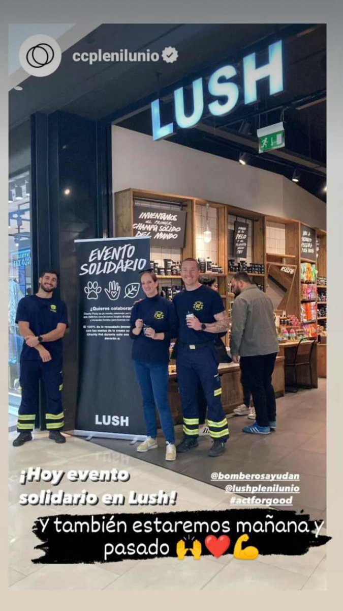 Estamos en <a href="/LushSpain/">Lush España</a> colaborando con su evento.
Los beneficios de la venta de su crema solidaria de esté fin de semana será para <a href="/bomberosayudan/">Bomberos Ayudan</a> 
Acércate a Plenilunio hoy y mañana a echarnos una mano ❤️