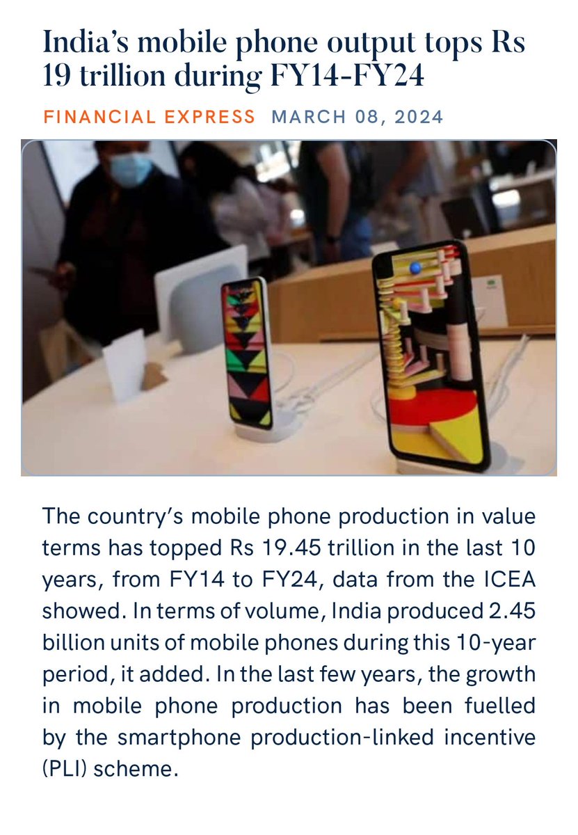 zahidpatka's tweet photo. Indian electronics manufacturing industry has become the second largest manufacturer of mobile phones, with 2.45 billion units of mobile phones produced, worth Rs 4.1 lakh crore in FY24
Kudos @narendramodi Ji #MakeInIndia #MakeForWolrd #PLIScheme
https://t.co/7tX3yV8uUa
@PMOIndia https://t.co/nXRSZX8gAK