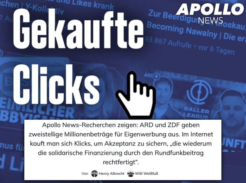 Wenn der deutsche Michel nicht von selbst auf den rechten Pfad findet, dann kauft man sich bei ARD und ZDF einfach die gewünschten Clicks - und die „Akzeptanz“ für den Staatsfunk. Eine Exklusiv-Recherche von @henrywbg_ und @WilliWeissfuss apollo-news.net/gekaufte-click…